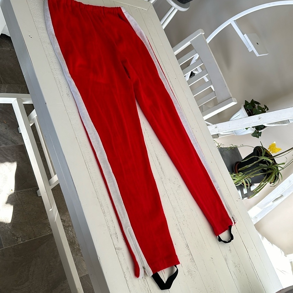Vintage 1980s sports pants with stirrups bright red, white 88 olympics vibes